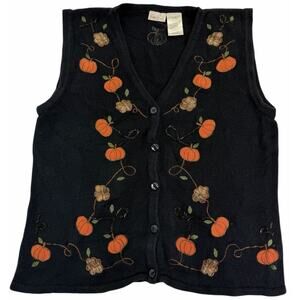 VTG Bobbie Brooks Cardigan Sweater Vest Women's Large Knit Fall Pumpkins Autumn